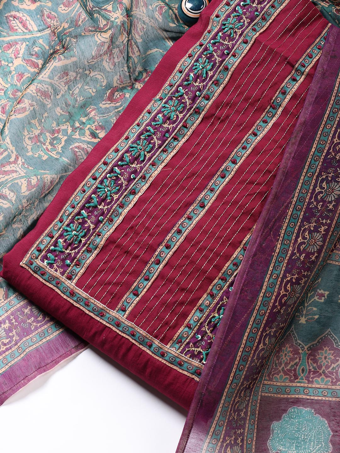 Printed Chanderi Unstitched Suit With Dupatta