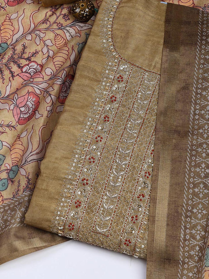 Neck Embroidery Art Tussar Unstitched Suit With Dupatta