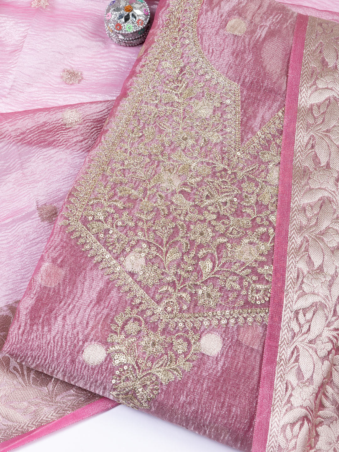 Neck Embroidered Tissue Unstitched Suit Piece With Dupatta