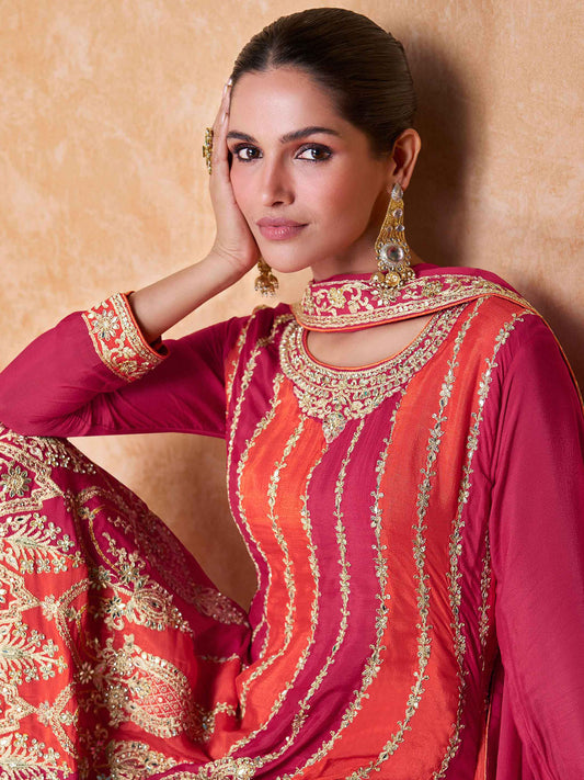 Embroidered Sequin Chinnon  Kurta With Palazzo And Dupatta