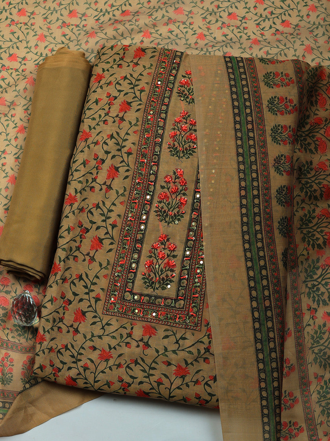 Embroidered Cotton Unstitched Suit With Pant &amp; Dupatta