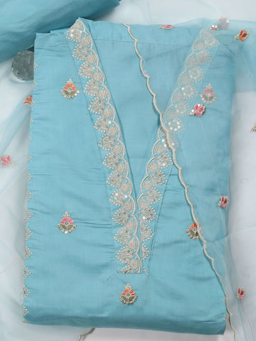 Neck Embroidered Chanderi Unstitched Suit With Dupatta