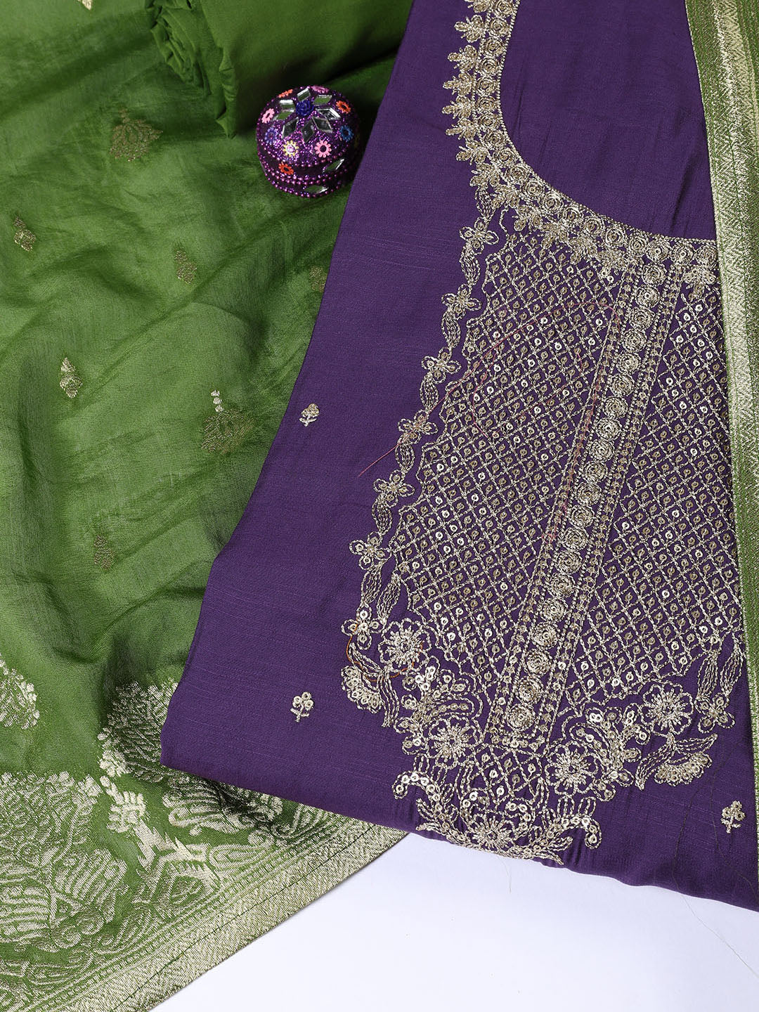 Neck Embroidered Chanderi Unstitched Suit Piece With Dupatta