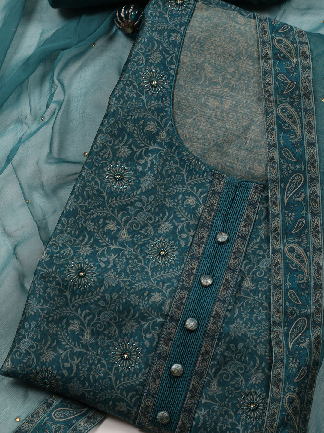 Neck Patti Chanderi Unstitched Suit Piece With Dupatta