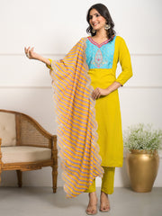 Neck Embroidered Muslin Kurta With Pants & Dupatta