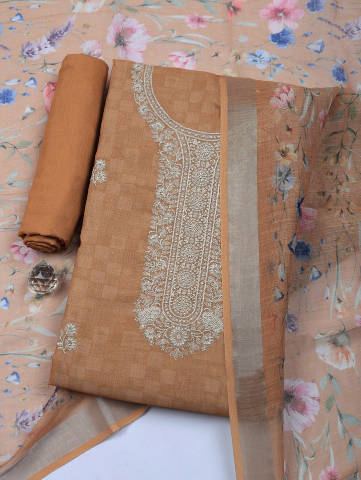 Embroidered Linen Blend Unstitched Suit With Pant &amp; Dupatta