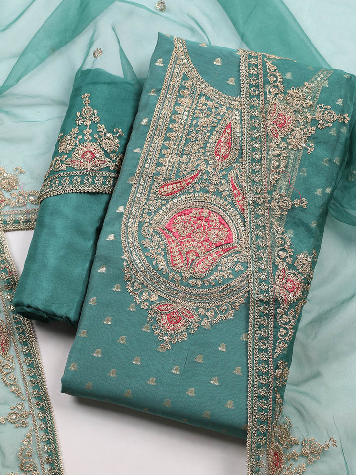 Neck Embroidered Chanderi Unstitched Suit With Dupatta
