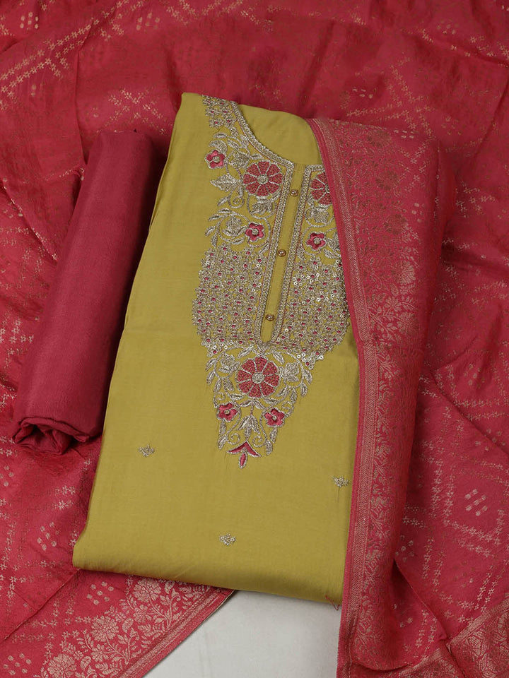 Embroidered Chanderi Unstitched Suit With Pant &amp; Dupatta