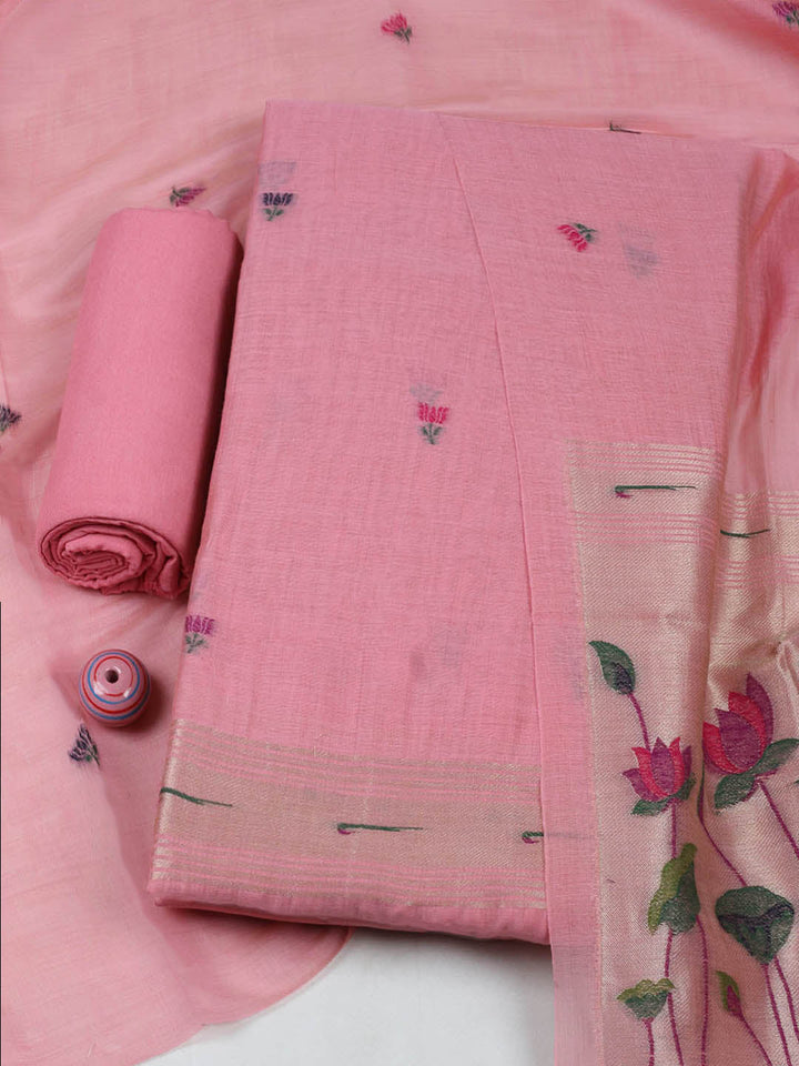Embroidered Chanderi Unstitched Suit With Pant &amp; Dupatta