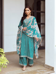 Neck Embroidery Cotton Blend Kurta With Pants & Dupatta