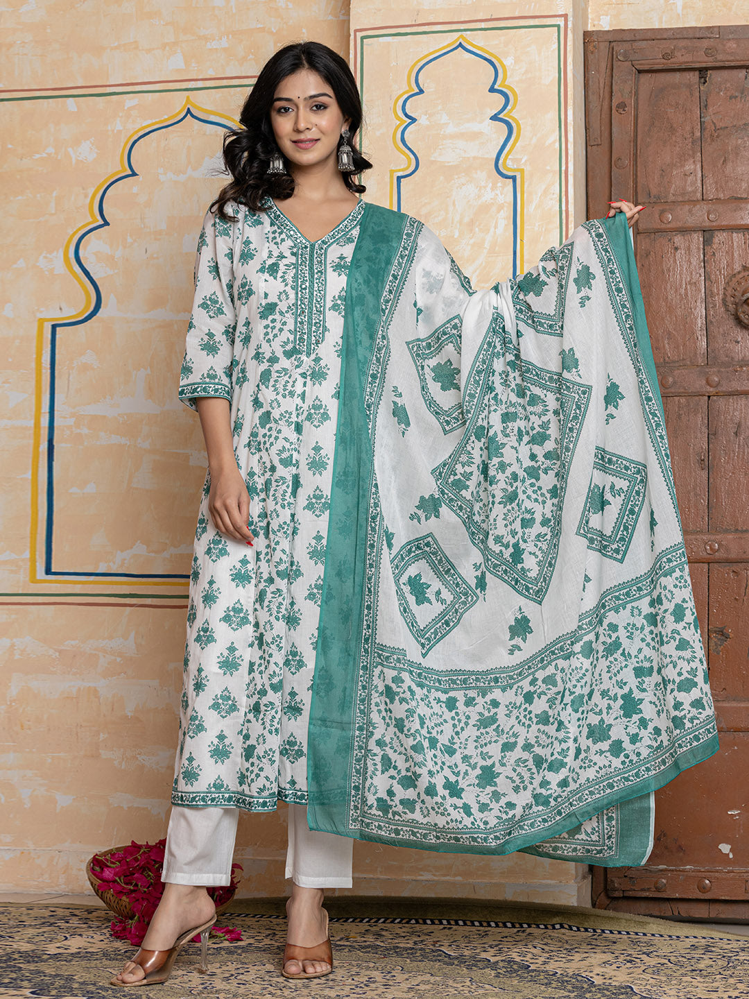 Printed Cotton Blend Kurta With Pants & Dupatta