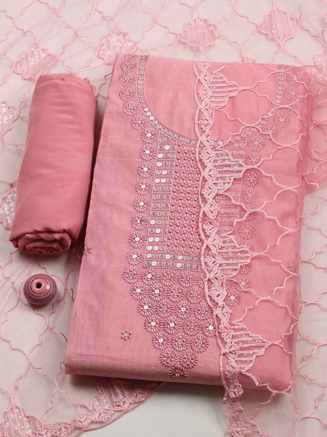 Embroidered Chanderi Unstitched Suit With Pant &amp; Dupatta