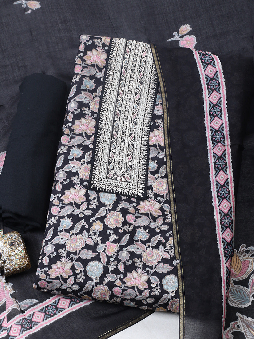 Embroidered Muslin Unstitched Suit With Pant &amp; Dupatta