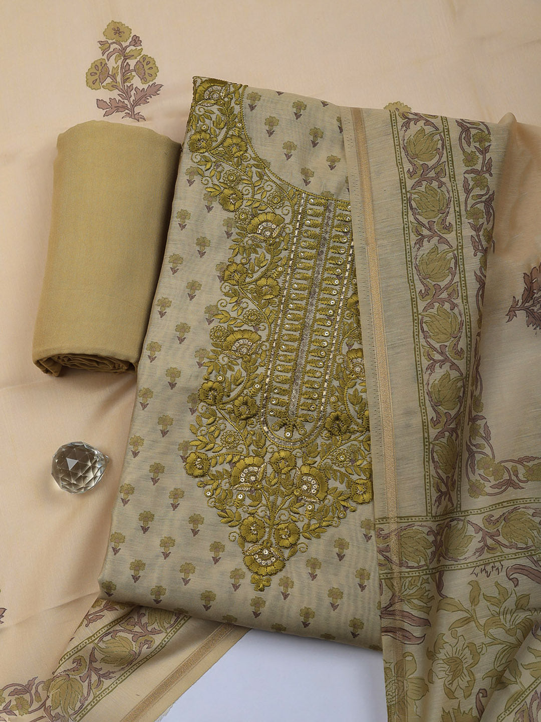 Embroidered Cotton Blend Unstitched Suit With Pant &amp; Dupatta