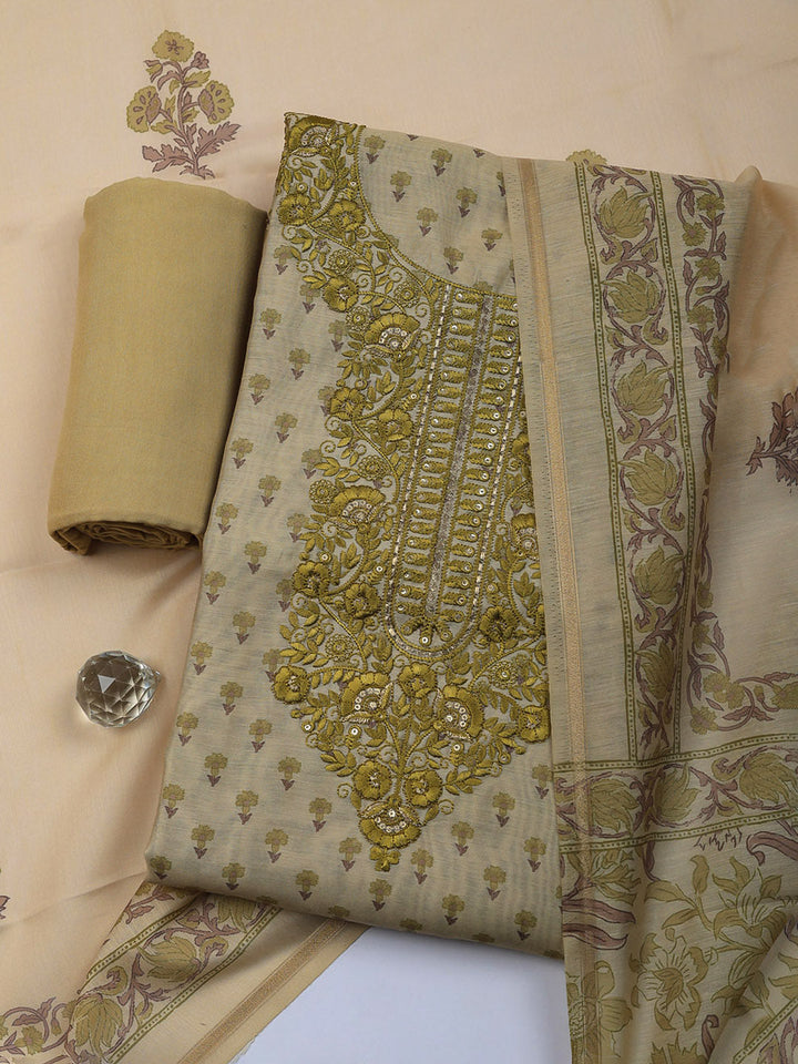 Embroidered Cotton Blend Unstitched Suit With Pant &amp; Dupatta
