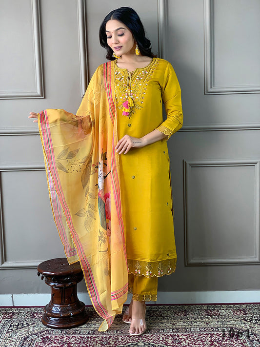 Resham Embroidery Cotton Blend Kurta With Pants & Dupatta