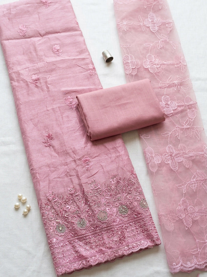 Embroidered Chanderi Unstitched Suit With Pant &amp; Dupatta