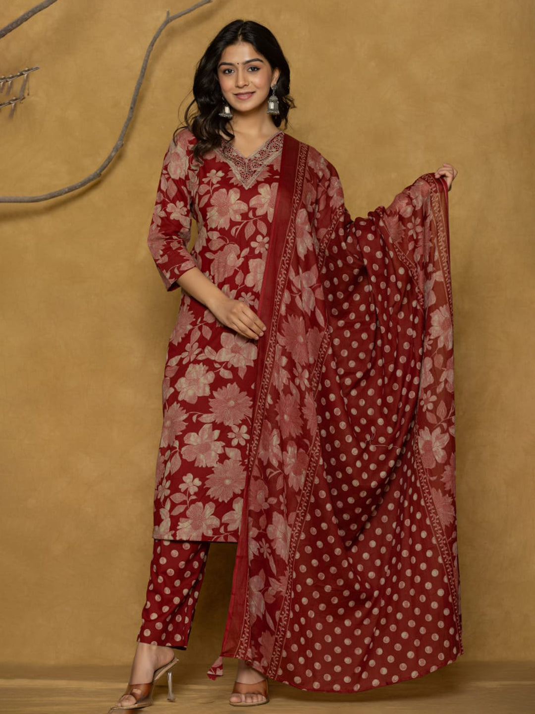 Printed Cotton Blend Kurta With Pants & Dupatta