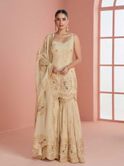 Embroidered Chinnon Silk Kurti With Gharara & Dupatta