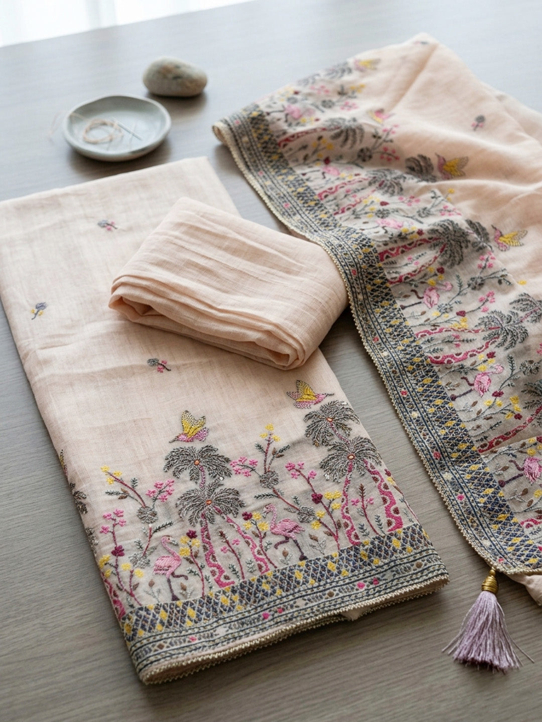 Embroidered Linen Blend Unstitched Suit With Pant &amp; Dupatta