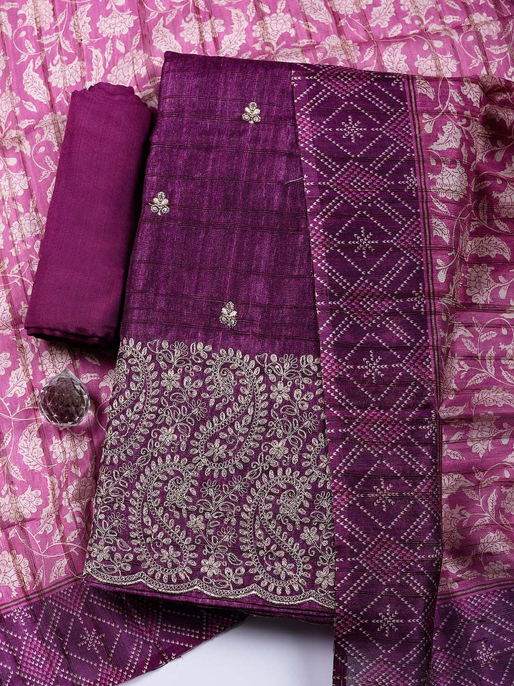 Embroidered Tussar Silk Unstitched Suit With Pant &amp; Dupatta