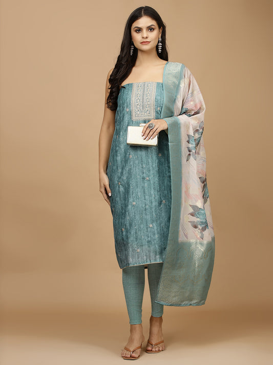 Neck Embroidered Chanderi Unstitched Suit Piece With Dupatta