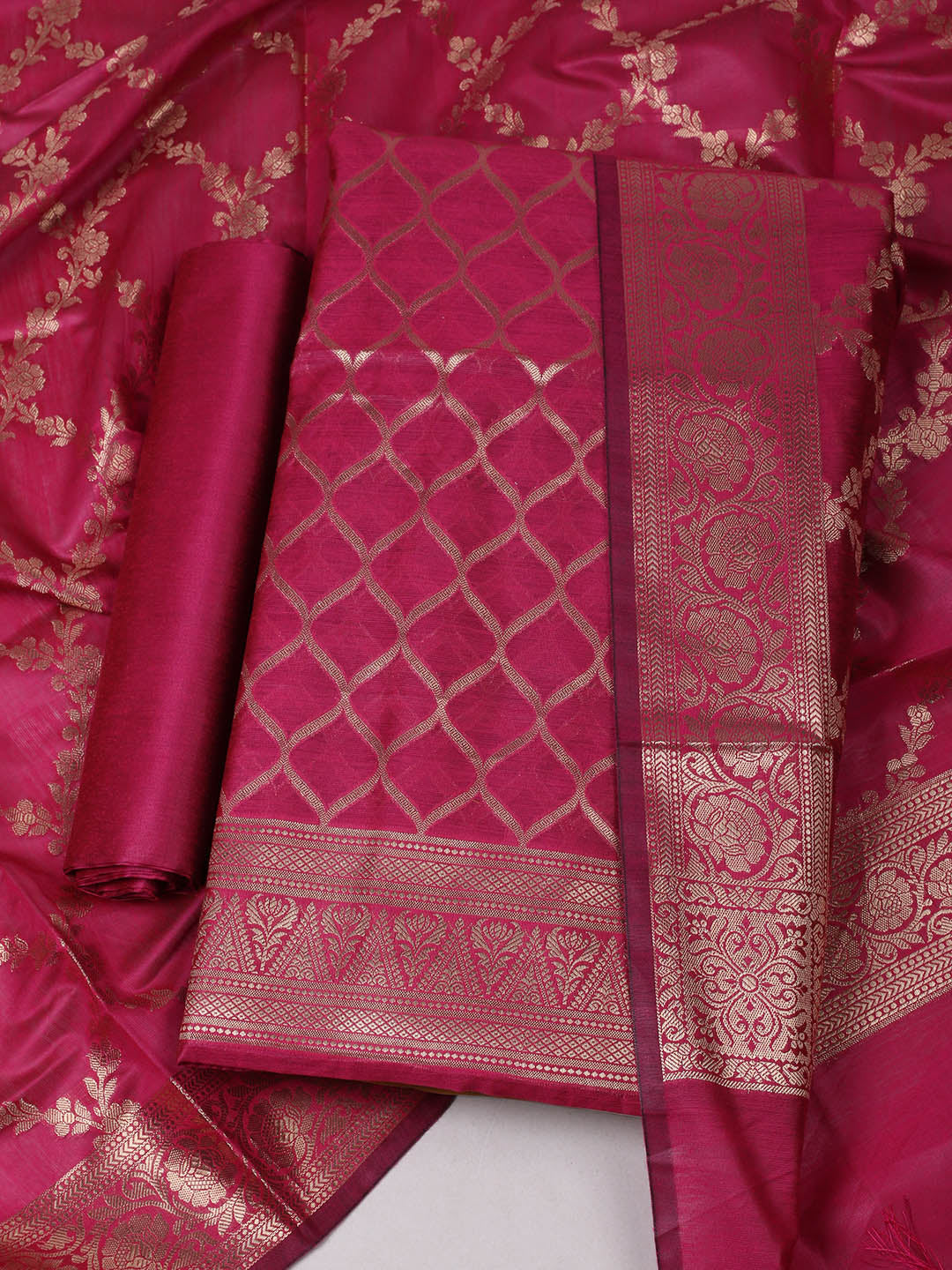 Woven Design Chanderi Unstitched Suit With Pant &amp; Dupatta