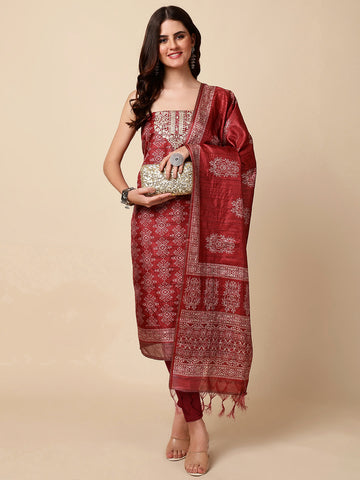 Neck Embroidered Chanderi Unstitched Suit Dupatta