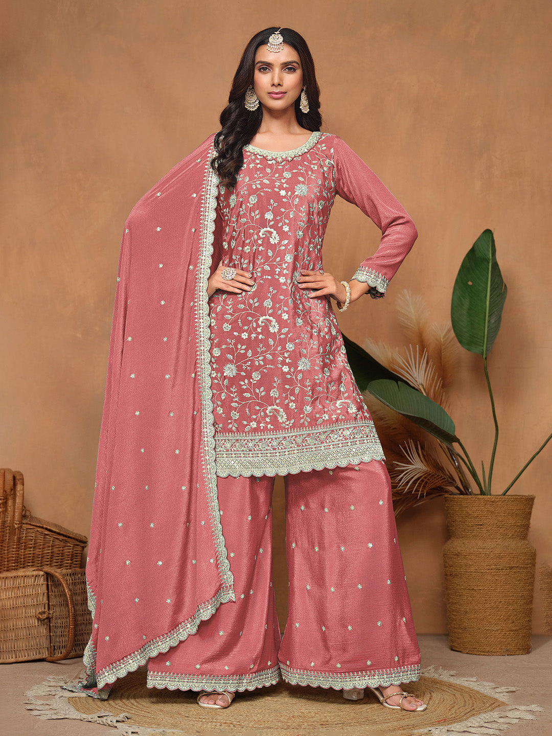 Embroidered Chinnon Semi Stitched Kurta With Plazzo &amp; Dupatta