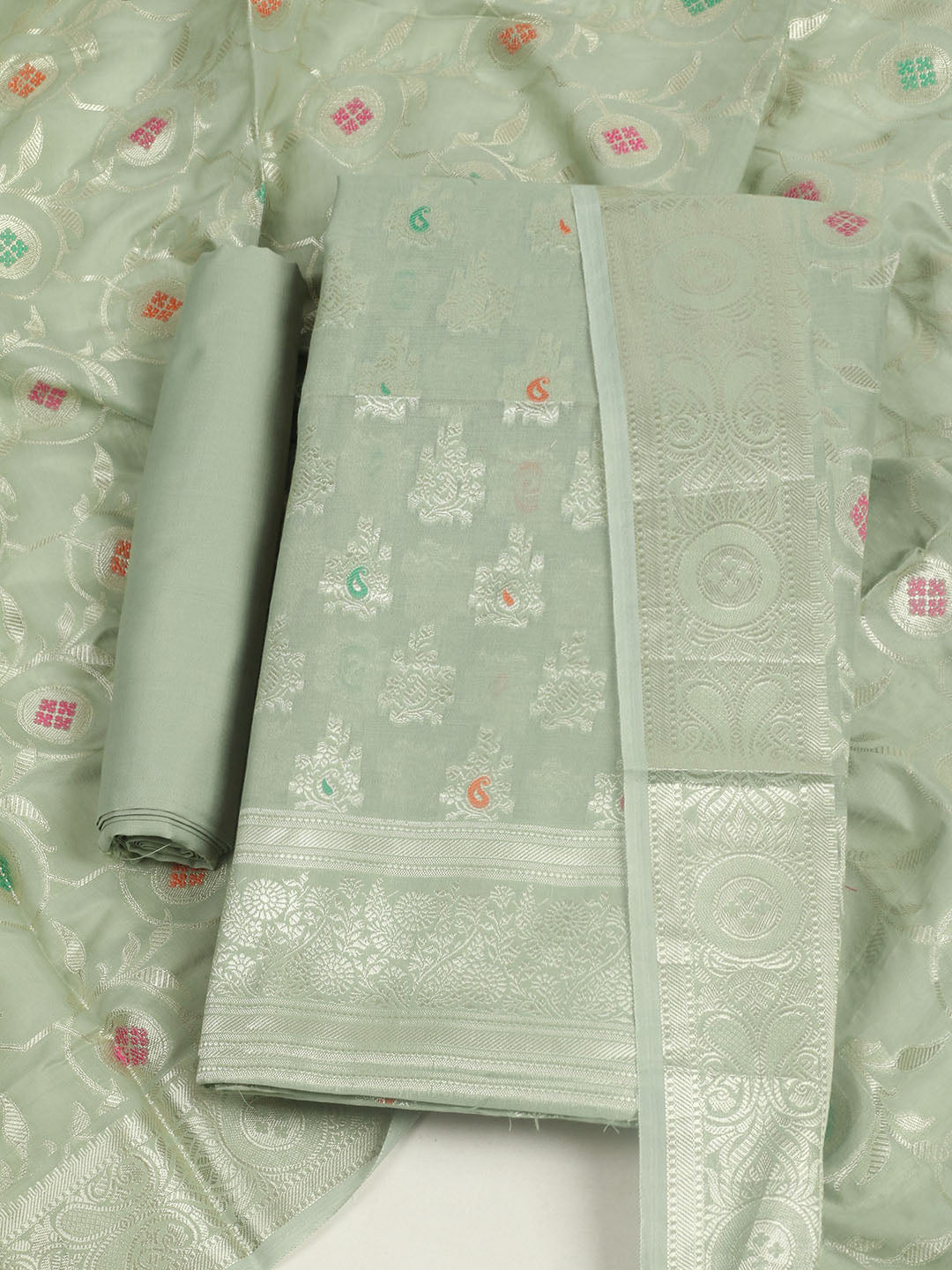 Woven Design Chanderi Unstitched Suit With Pant &amp; Dupatta