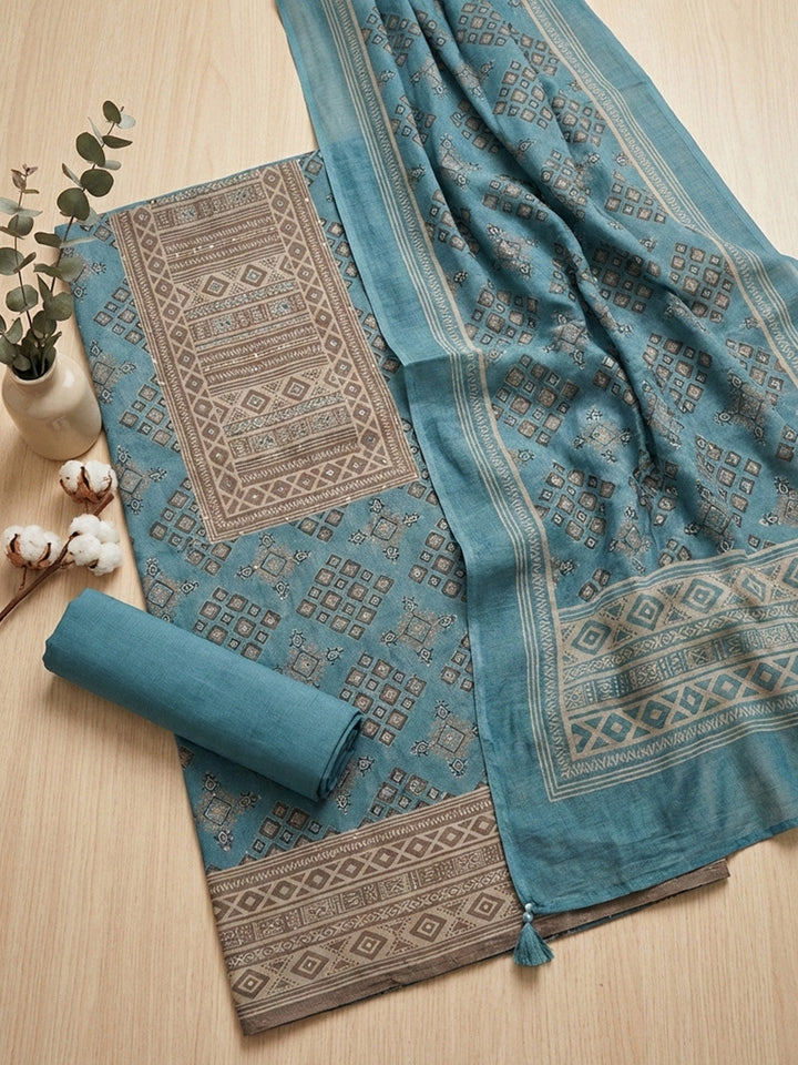 Printed Chanderi Unstitched Suit With Pant &amp; Dupatta