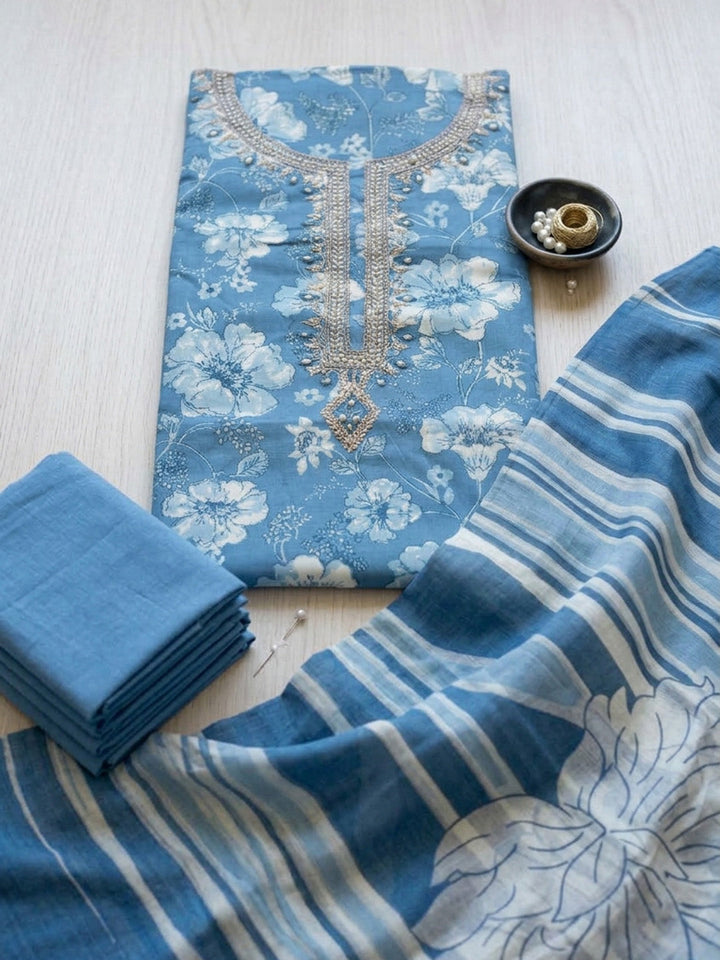 Embroidered Cotton Blend Unstitched Suit With Pant &amp; Dupatta