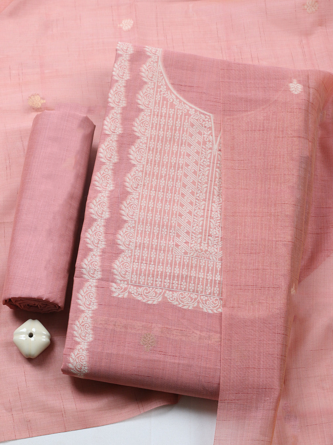 Printed Chanderi Unstitched Suit With Pant &amp; Dupatta