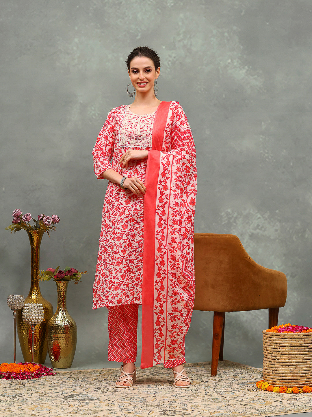 Printed Cotton Blend Kurta With Pants & Dupatta