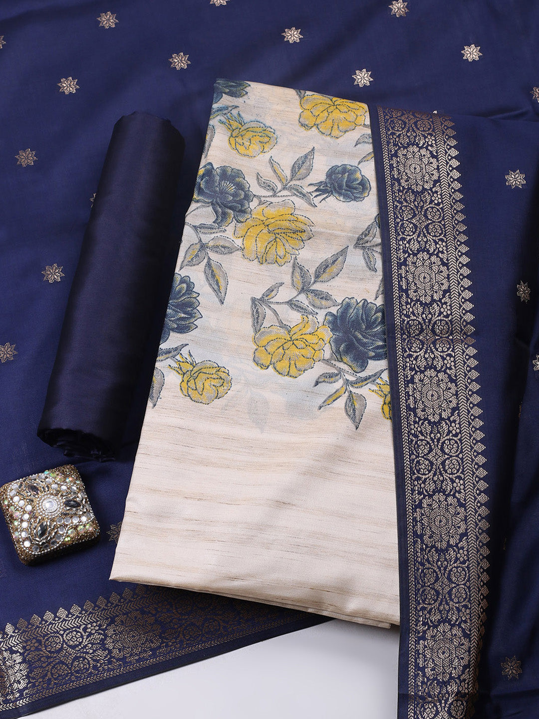 Banarasi Chanderi Unstitched Suit With Pant &amp; Dupatta