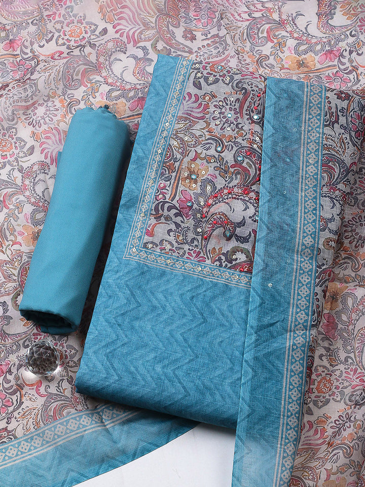 Embroidered Chanderi Unstitched Suit With Pant &amp; Dupatta