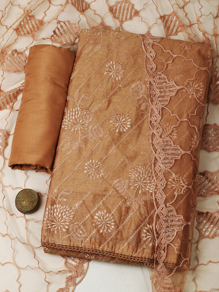 Embroidered Chanderi Unstitched Suit With Pant &amp; Dupatta