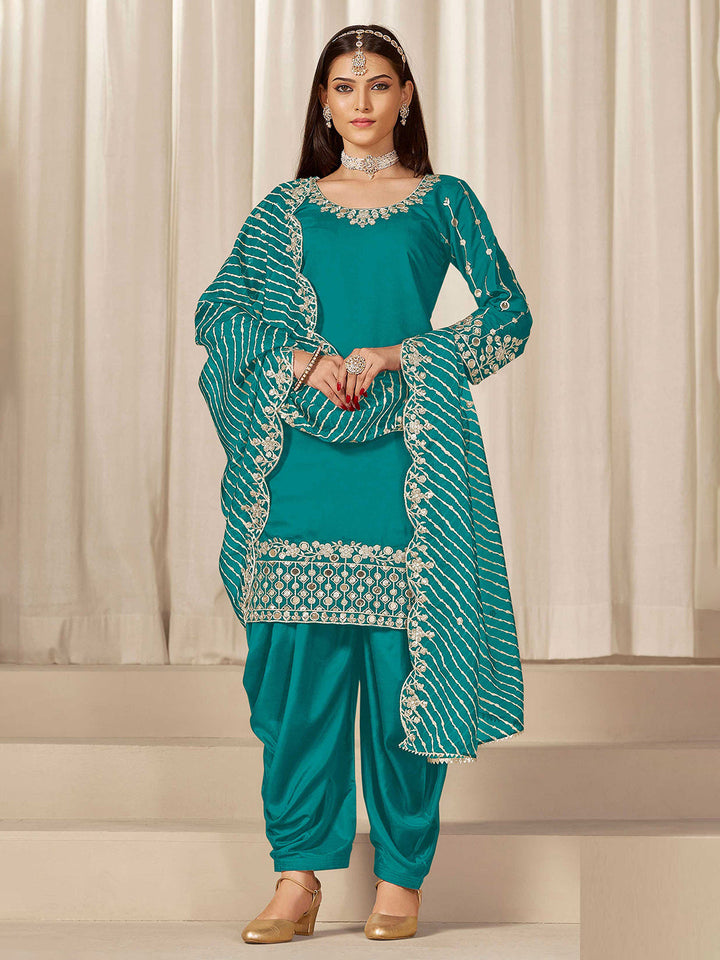 Embroidered Art Silk Semi Stitched Kurta With Skirt &amp; Dupatta