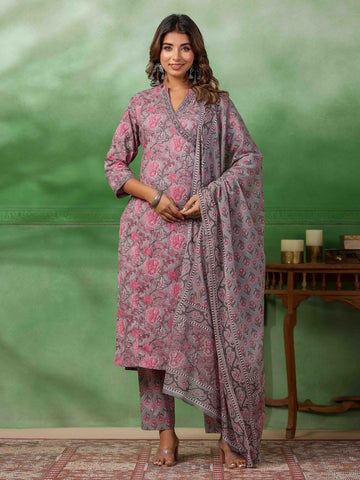 Printed Cotton Suit Set With Dupatta