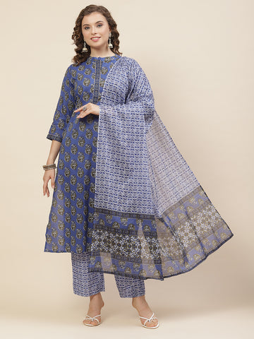 Tropical Motifs Cotton Stitched Suit with Dupatta