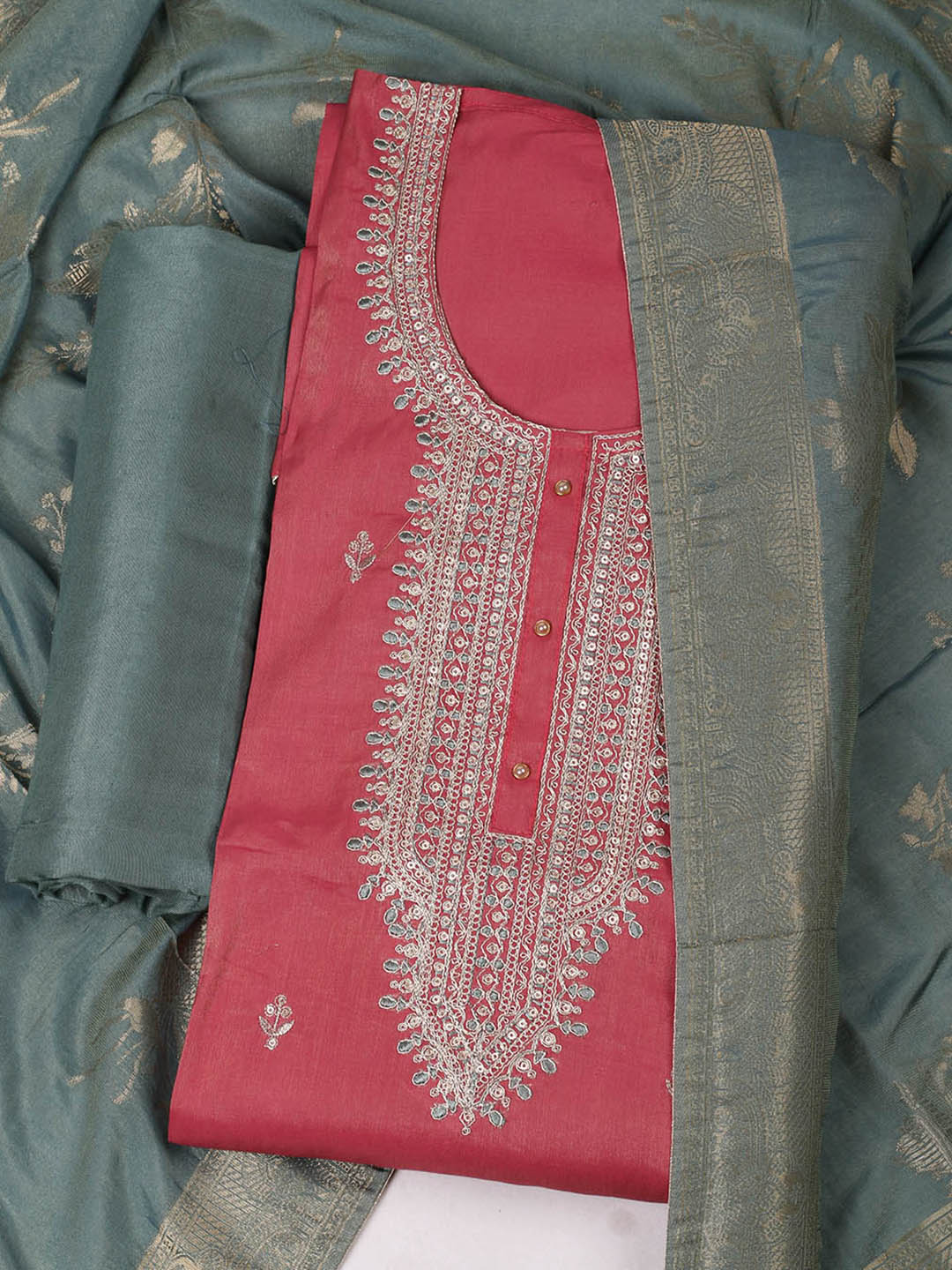 Embroidered Chanderi Unstitched Suit With Pant &amp; Dupatta