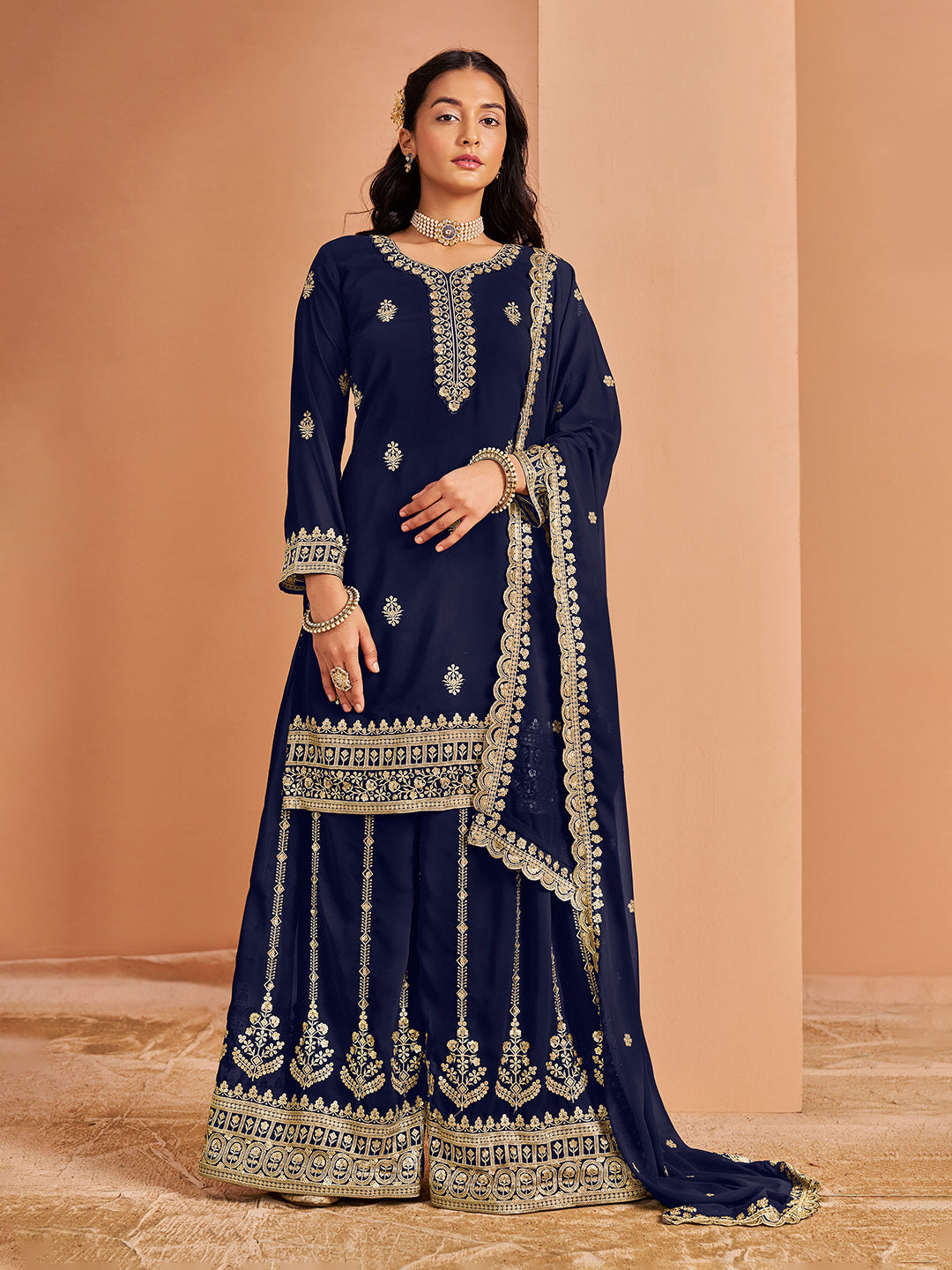 Embroidered Georgette Semi Stitched Kurta With Plazzo &amp; Dupatta