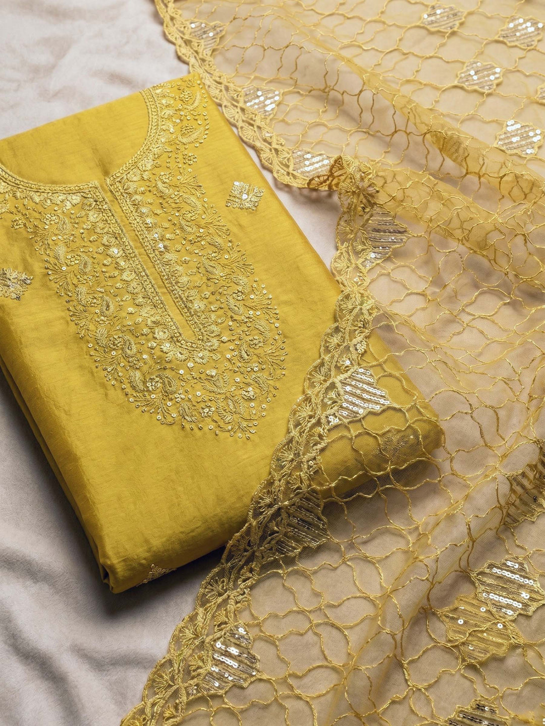 Neck Embroidered Chanderi Unstitched Suit With Dupatta