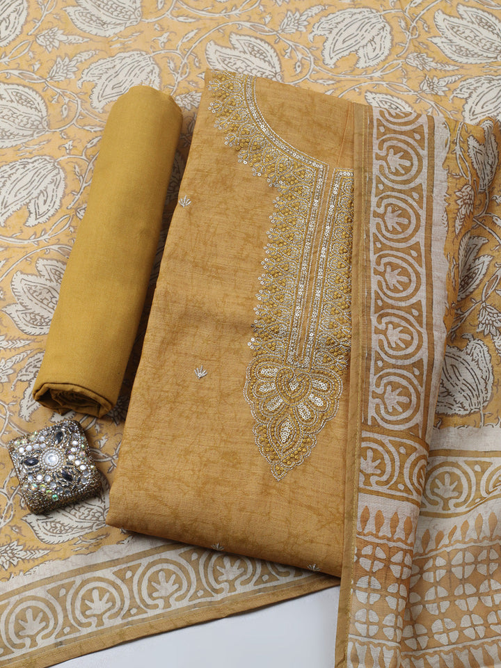 Embroidered Chanderi Unstitched Suit With Pant &amp; Dupatta