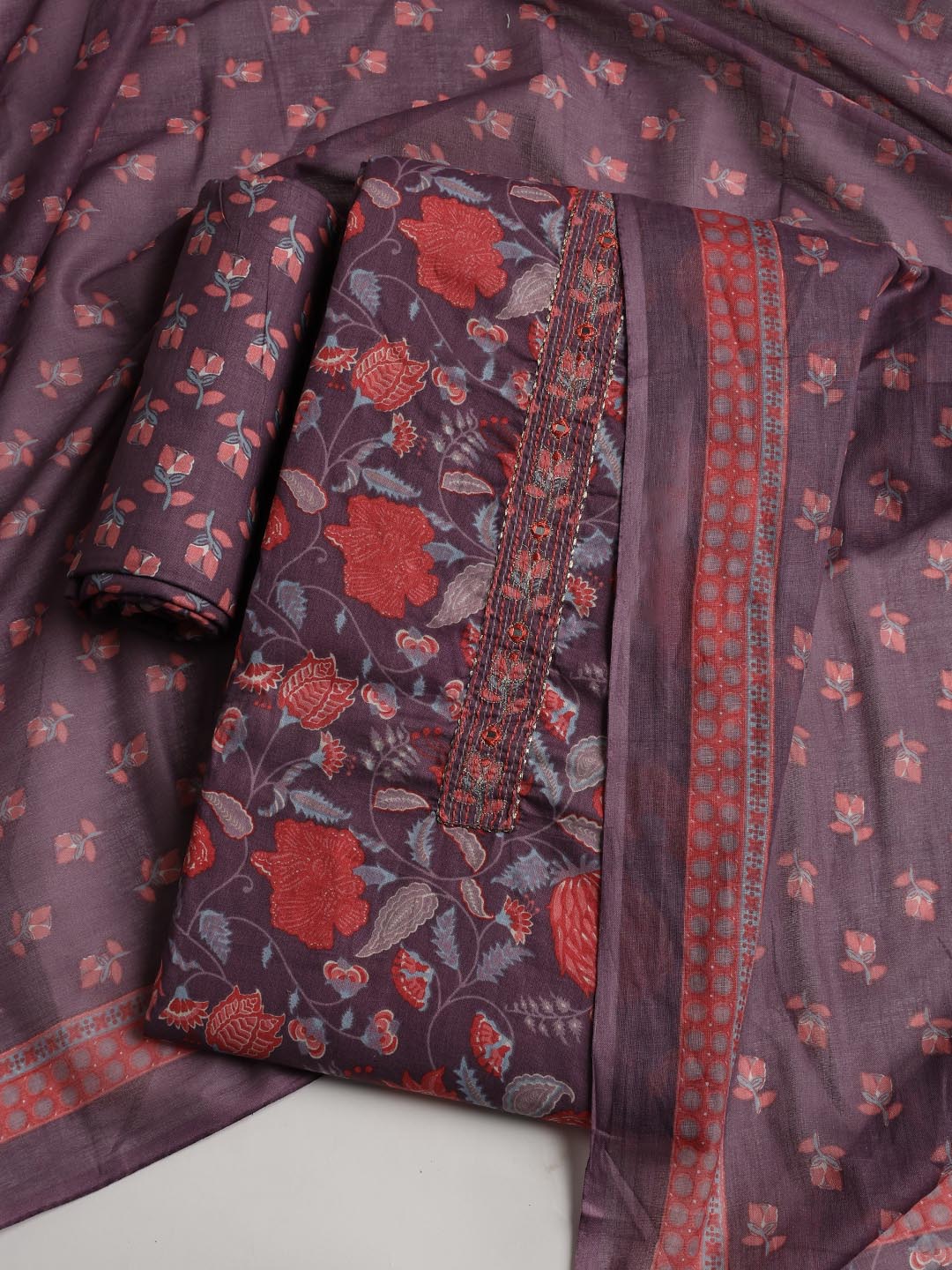 Printed Cotton Blend Unstitched Suit With Dupatta