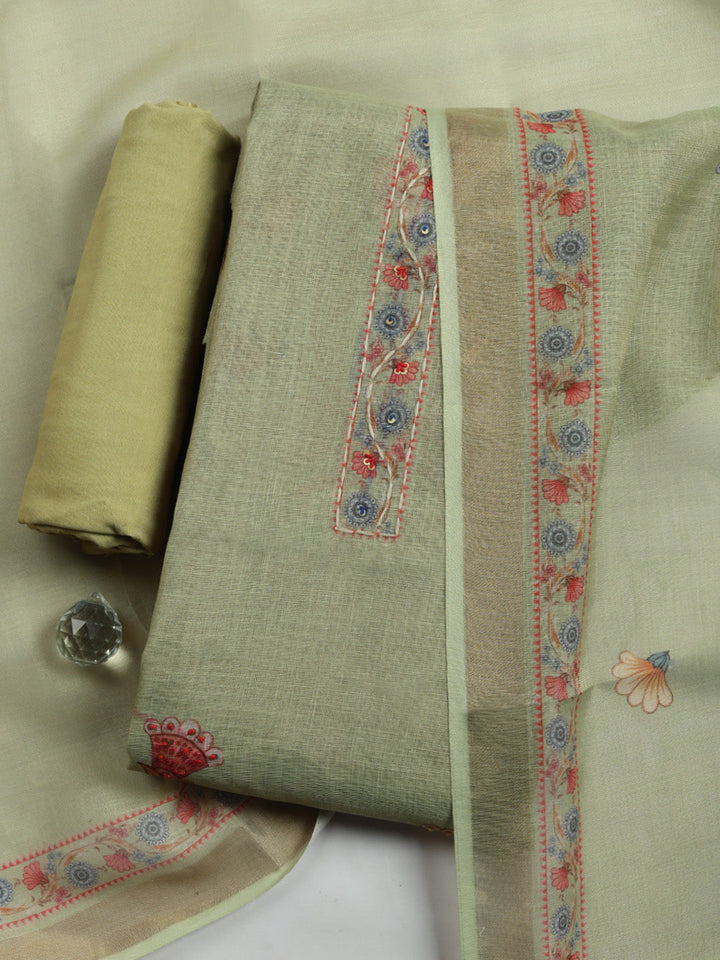 Printed Linen Blend Unstitched Suit With Pant &amp; Dupatta