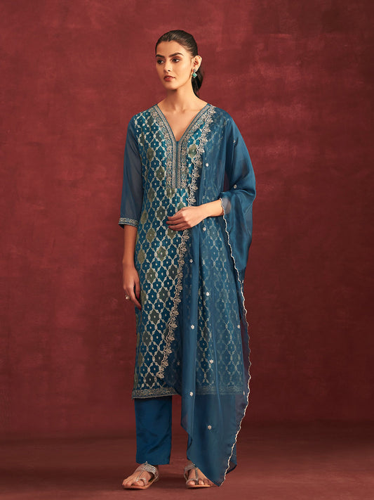 Banarsi Weave Cotton Blend Kurta With Pants & Dupatta