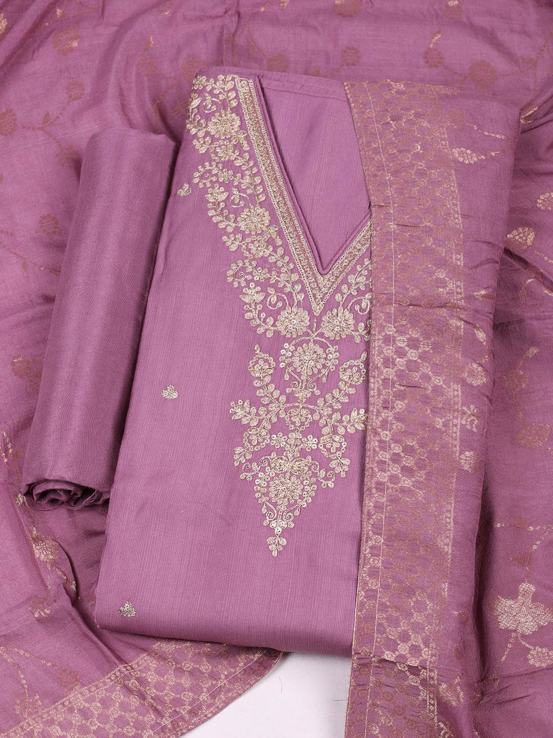 Embroidered Chanderi Unstitched Suit With Pant &amp; Dupatta