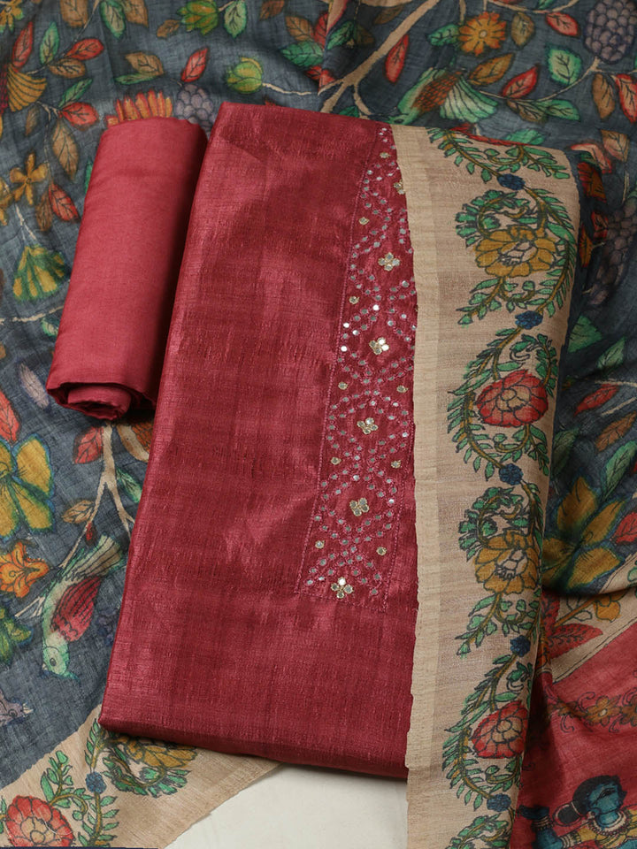 Embroidered Tussar Unstitched Suit With Pant &amp; Dupatta