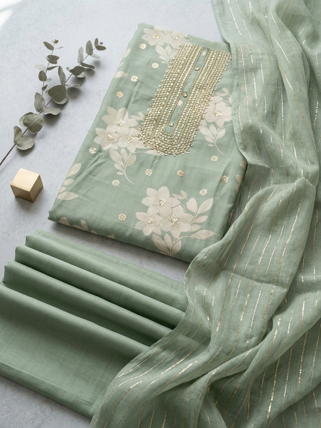 Embroidered Cotton Blend Unstitched Suit With Pant &amp; Dupatta
